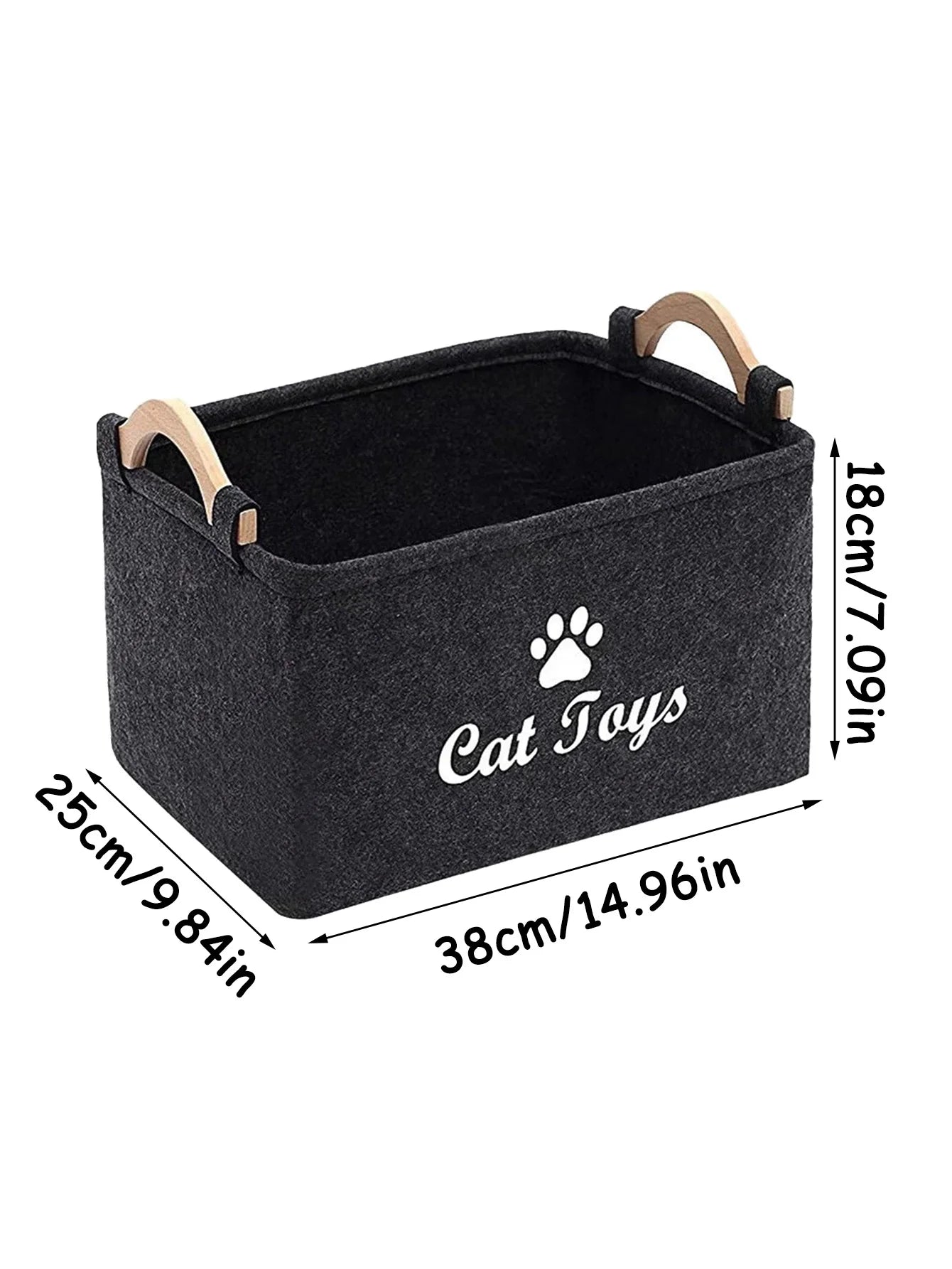 Aviour black pet accessories storage basket with wooden handles and Cat Toys text