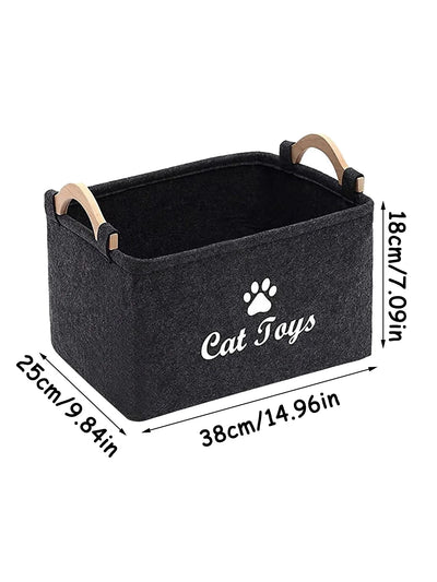Aviour black pet accessories storage basket with wooden handles and Cat Toys text