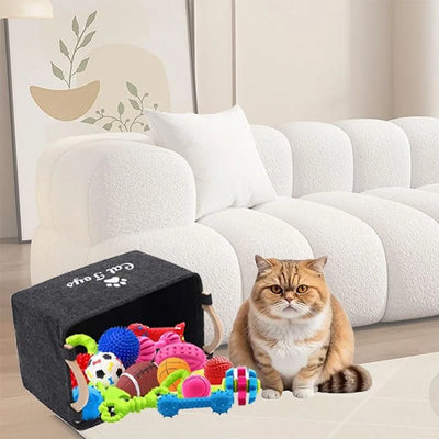 Aviour pet accessories storage basket filled with colorful pet toys next to a sitting brown and white cat