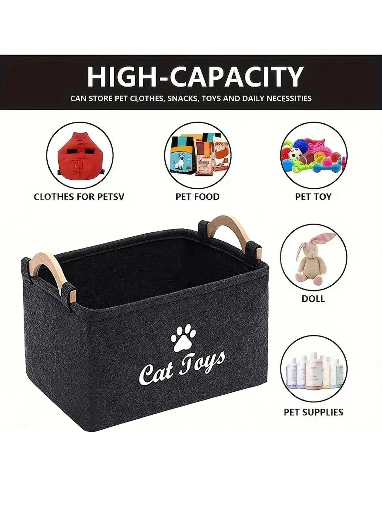 Aviour pet accessories storage basket in black felt with wooden handles and paw print design