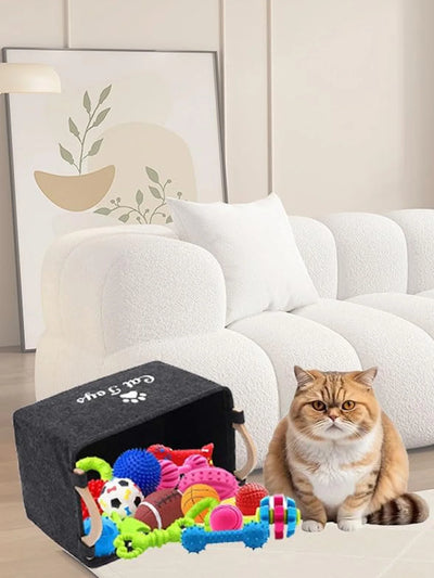 Aviour pet accessories storage basket with various colorful pet toys next to a fluffy orange cat in a modern living room