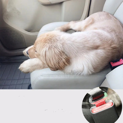 Golden retriever puppy lying on car seat secured with dog car seat belt for travel by Aviour