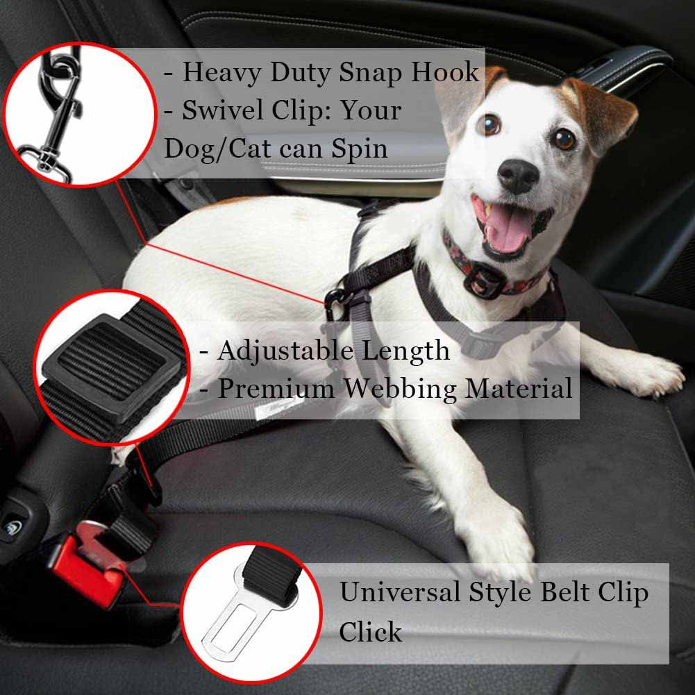 A white dog secured with Aviour dog car seat belt for travel featuring heavy duty snap hook and adjustable length