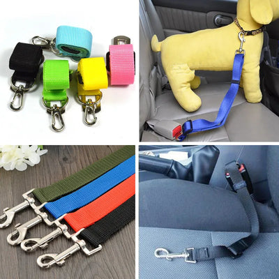 Avedor dog car seat belt for travel in multiple colors with metal clip and adjustable strap securing a dog harness in car seats