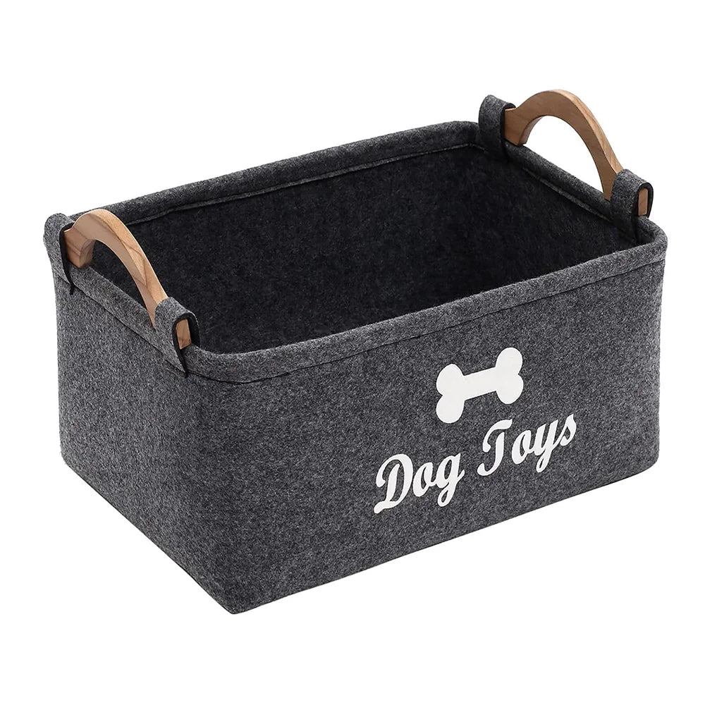 Aviour pet accessories storage basket in dark gray with wooden handles and dog toys label