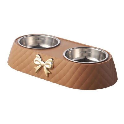 Aviour double stainless steel pet bowl with brown quilted base and decorative gold bow