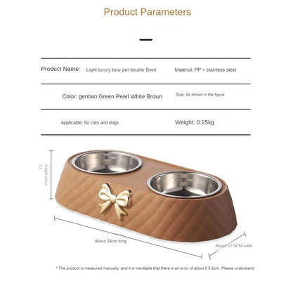 Aviour double stainless steel pet bowl with brown quilted base and decorative bow for cats and dogs