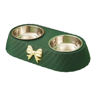 Aviour double stainless steel pet bowl with green quilted base and gold bow decoration