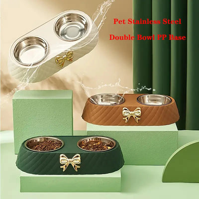 Aviour double stainless steel pet bowl with decorative bow and textured base in multiple colors