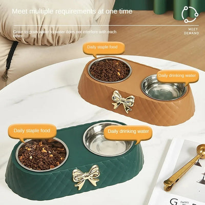Aviour double stainless steel pet bowl in brown and green with separate sections for daily staple food and drinking water