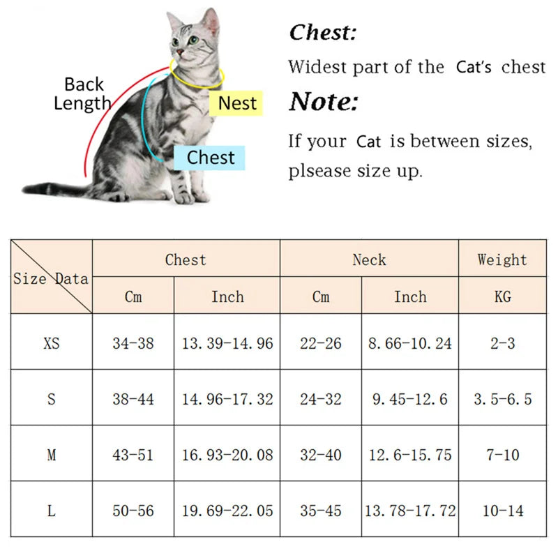 A cat size chart showing chest, neck measurements, and weight for adjustable harness for puppies and kittens