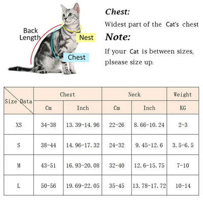 A cat size chart showing chest, neck measurements, and weight for adjustable harness for puppies and kittens