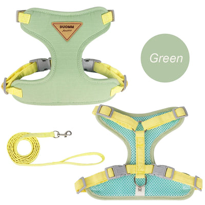 Green adjustable harness for puppies and kittens with yellow straps and matching leash by Aviour