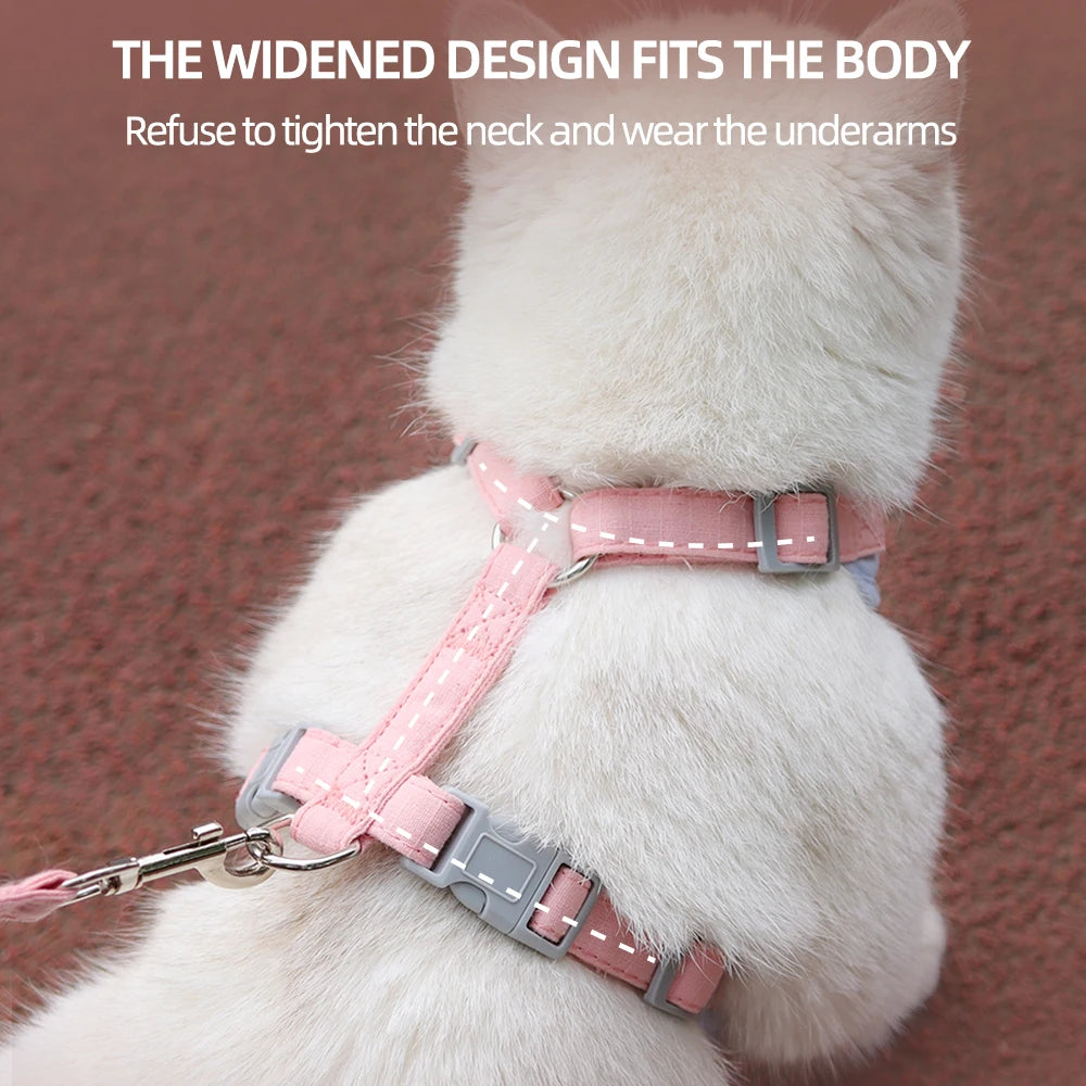 White cat wearing Aviour adjustable harness for puppies and kittens in pink with secure buckle and leash attachment