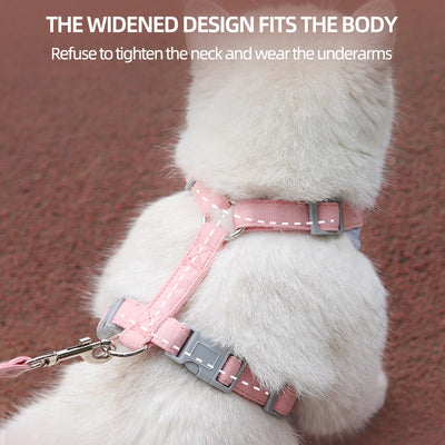 White cat wearing Aviour adjustable harness for puppies and kittens in pink with secure buckle and leash attachment