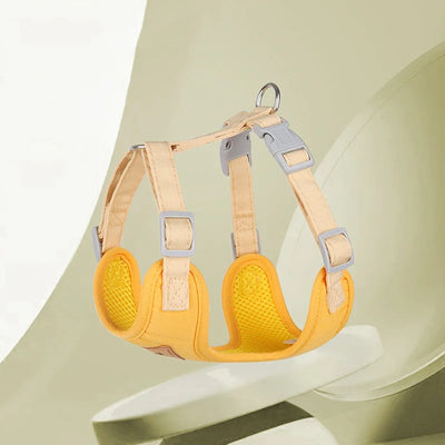Aviour adjustable harness for puppies and kittens in yellow with beige straps and metal ring