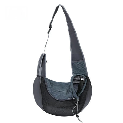 Aviour hands-free pet carrier bag in black and gray with adjustable shoulder strap and breathable mesh
