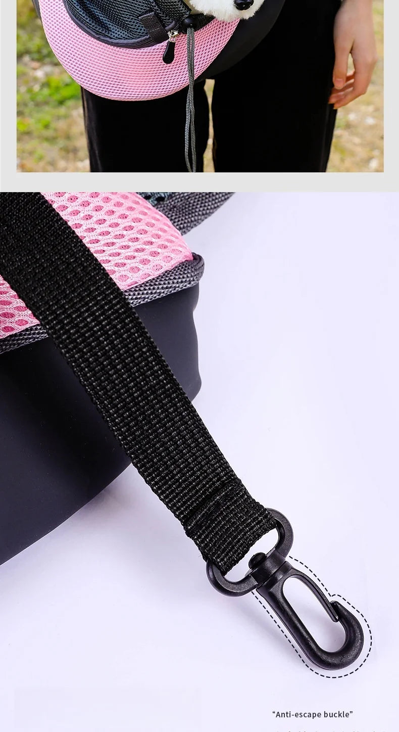 Close-up of Aviour hands-free pet carrier bag showing pink mesh fabric and anti-escape buckle strap