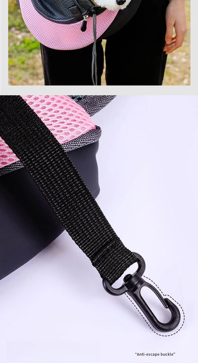 Close-up of Aviour hands-free pet carrier bag showing pink mesh fabric and anti-escape buckle strap