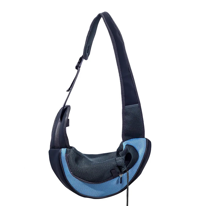 Aviour blue and black hands-free pet carrier bag with adjustable shoulder strap and breathable mesh