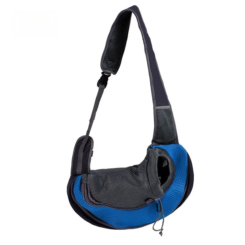 Aviour hands-free pet carrier bag in blue and black with adjustable shoulder strap for small pets