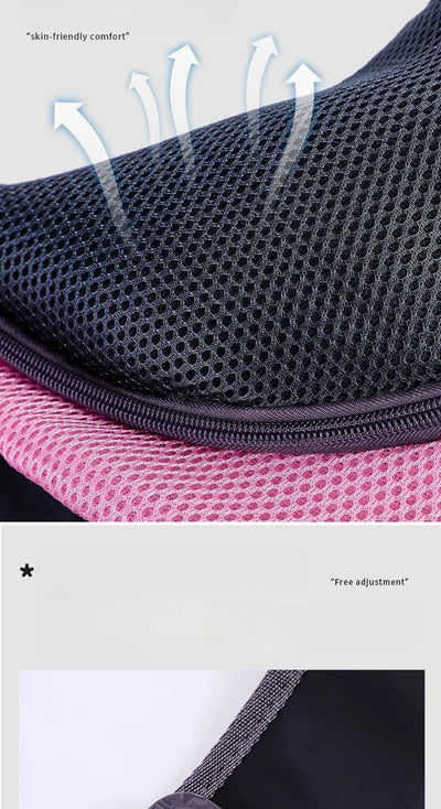 Close-up of Aviour hands-free pet carrier bag breathable mesh fabric with skin-friendly comfort