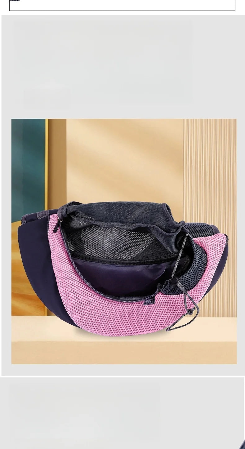 Aviour hands-free pet carrier bag in black and pink with mesh ventilation and adjustable drawstring