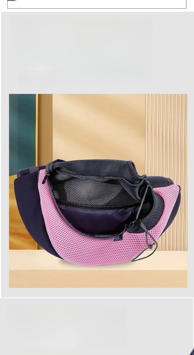Aviour hands-free pet carrier bag in black and pink with mesh ventilation and adjustable drawstring