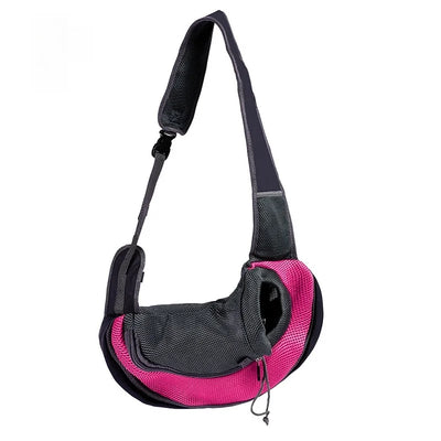 Aviour hands-free pet carrier bag in black and pink with adjustable shoulder strap and breathable mesh design