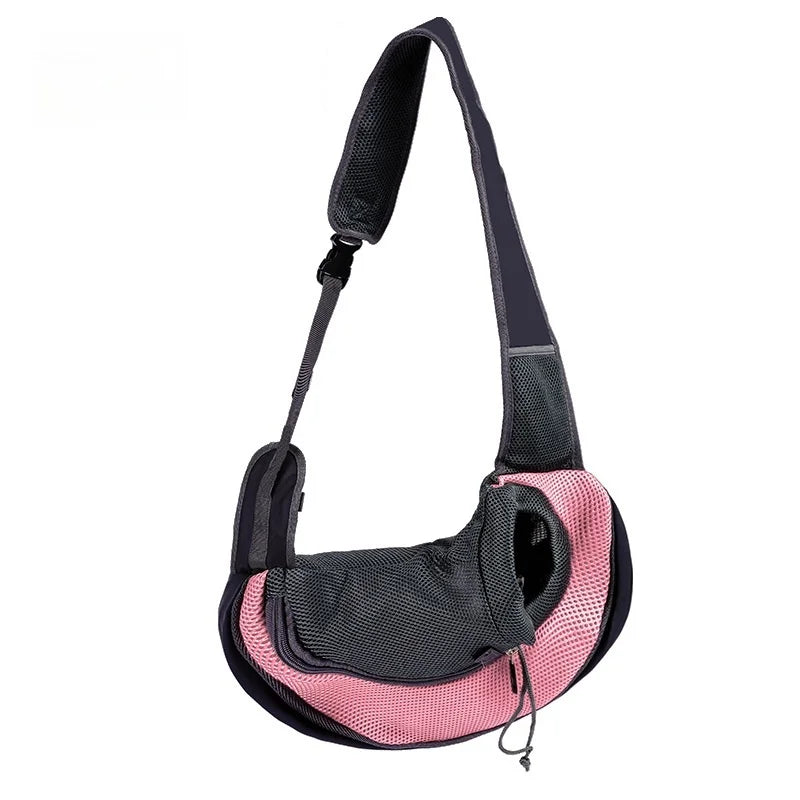 Aviour hands-free pet carrier bag in black and pink mesh with adjustable shoulder strap