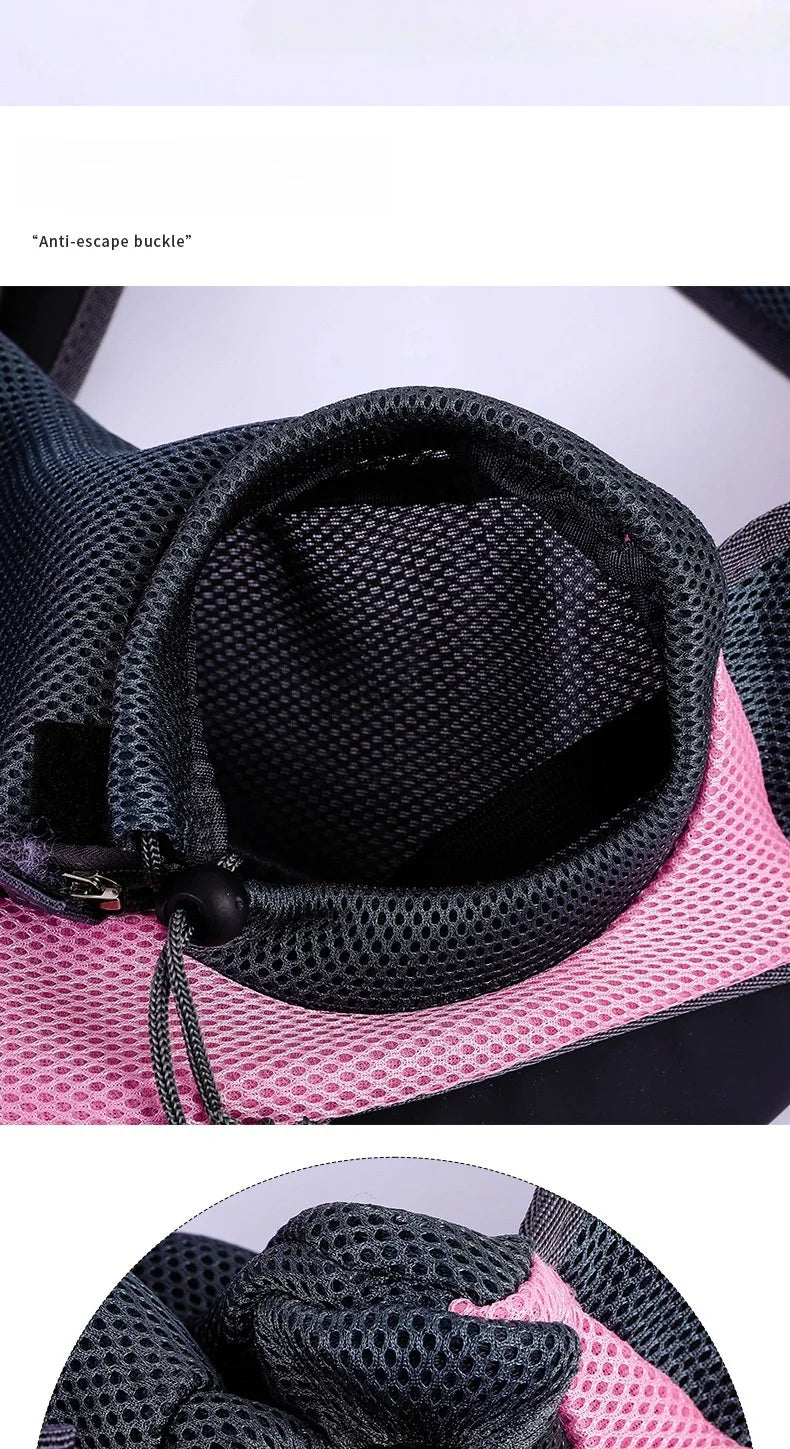 Aviour hands-free pet carrier bag featuring a black anti-escape buckle with mesh fabric and pink accents