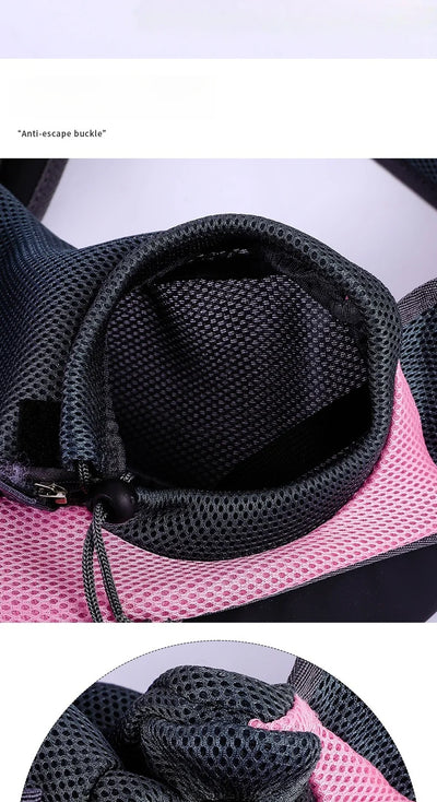 Aviour hands-free pet carrier bag featuring a black anti-escape buckle with mesh fabric and pink accents