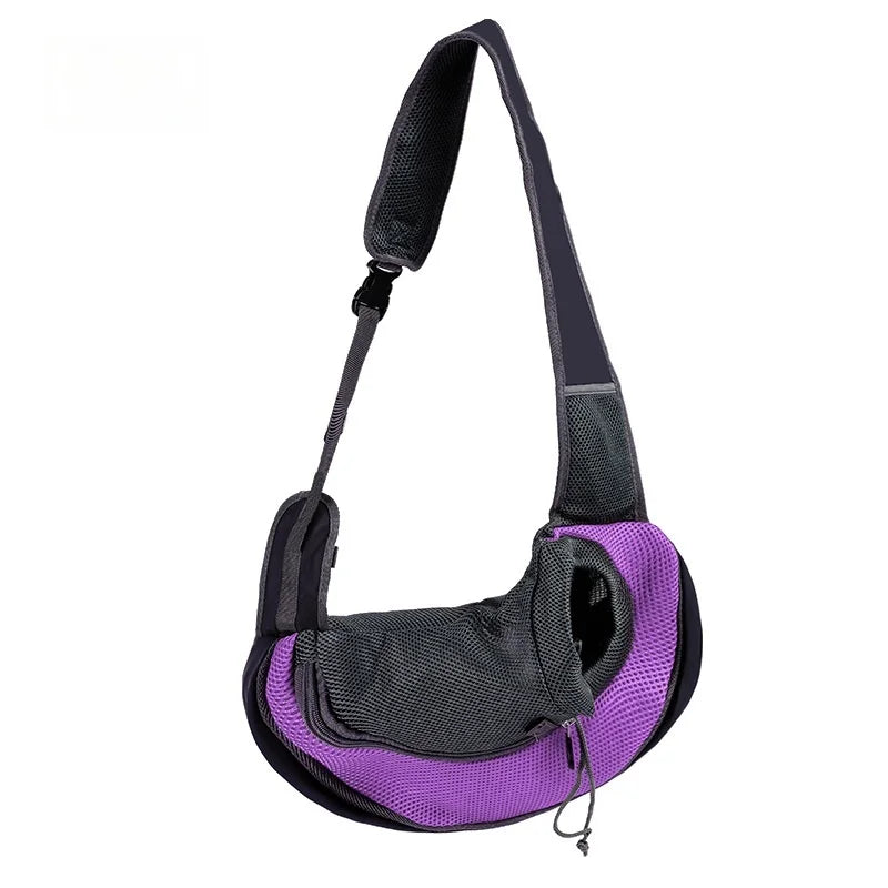 Aviour hands-free pet carrier bag in black and purple with adjustable shoulder strap for small pets