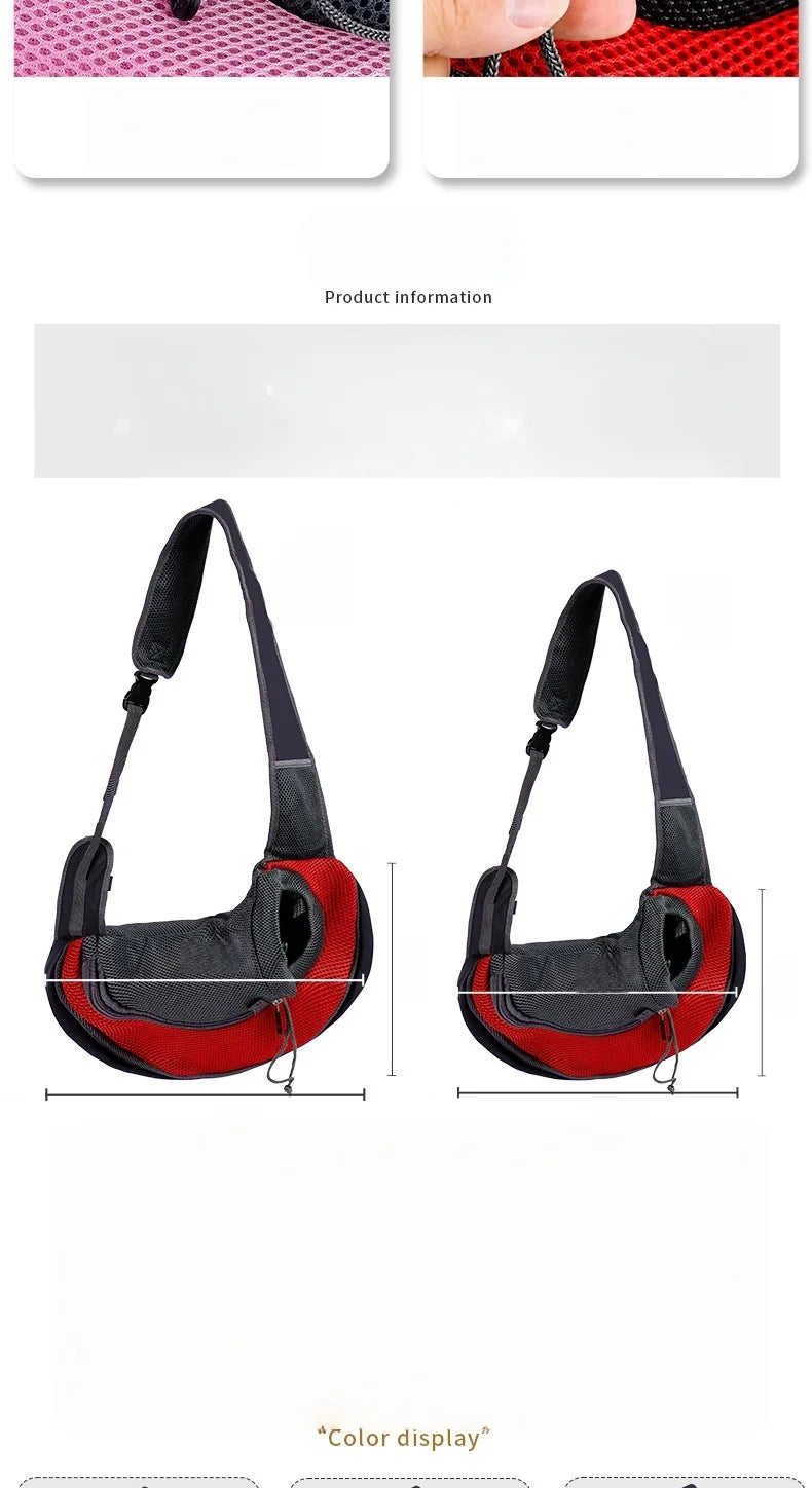Aviour hands-free pet carrier bag in black and red with adjustable shoulder strap shown from two angles