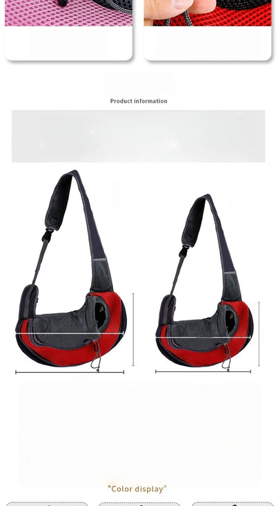 Aviour hands-free pet carrier bag in black and red with adjustable shoulder strap shown from two angles