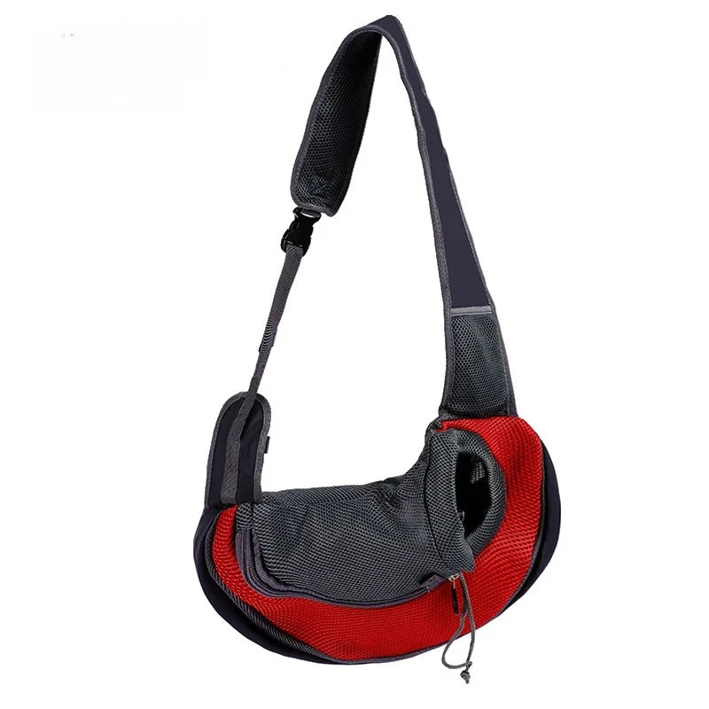 Aviour hands-free pet carrier bag in black and red with adjustable shoulder strap and mesh ventilation