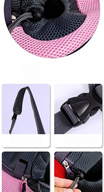 Aviour hands-free pet carrier bag close-up showing mesh fabric, adjustable strap, buckle, zipper, and drawstring closure