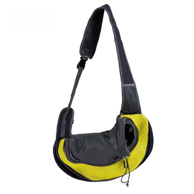 Aviour hands-free pet carrier bag in black and yellow with adjustable shoulder strap and breathable mesh