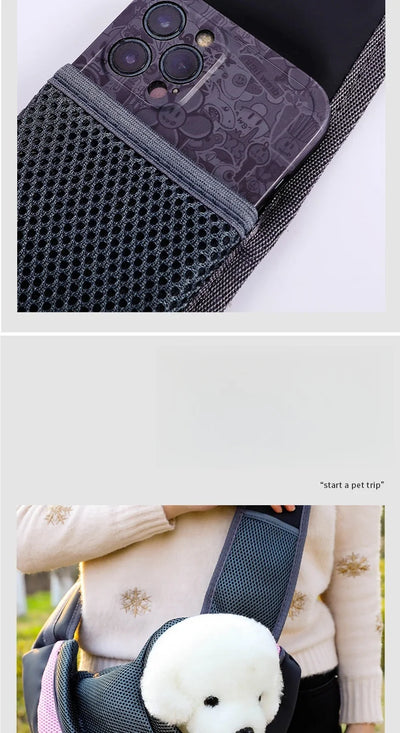 Aviour hands-free pet carrier bag with mesh pocket holding a phone and a small white puppy inside