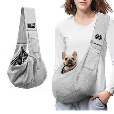 Aviour gray pet shoulder carrier bag with padded strap and small dog inside for hands-free pet carrying