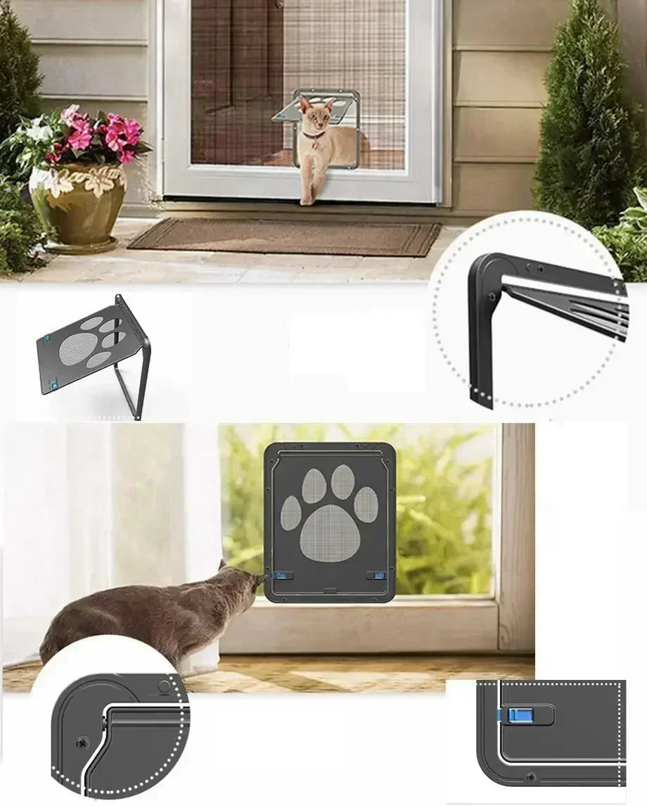 Aviour lockable pet door for windows with paw print design installed on glass window for cat access