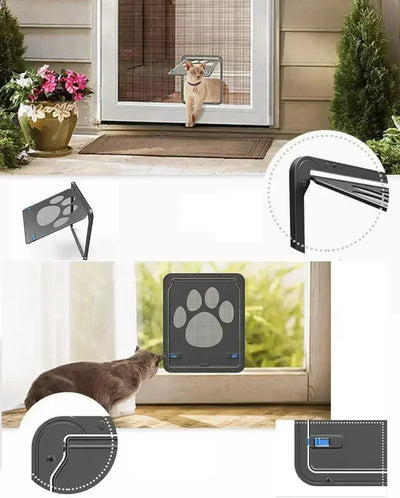 Aviour lockable pet door for windows with paw print design installed on glass window for cat access