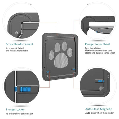 Aviour lockable pet door for windows with screw reinforcement plunger inner sheet plunger locker and auto-close magnetic features