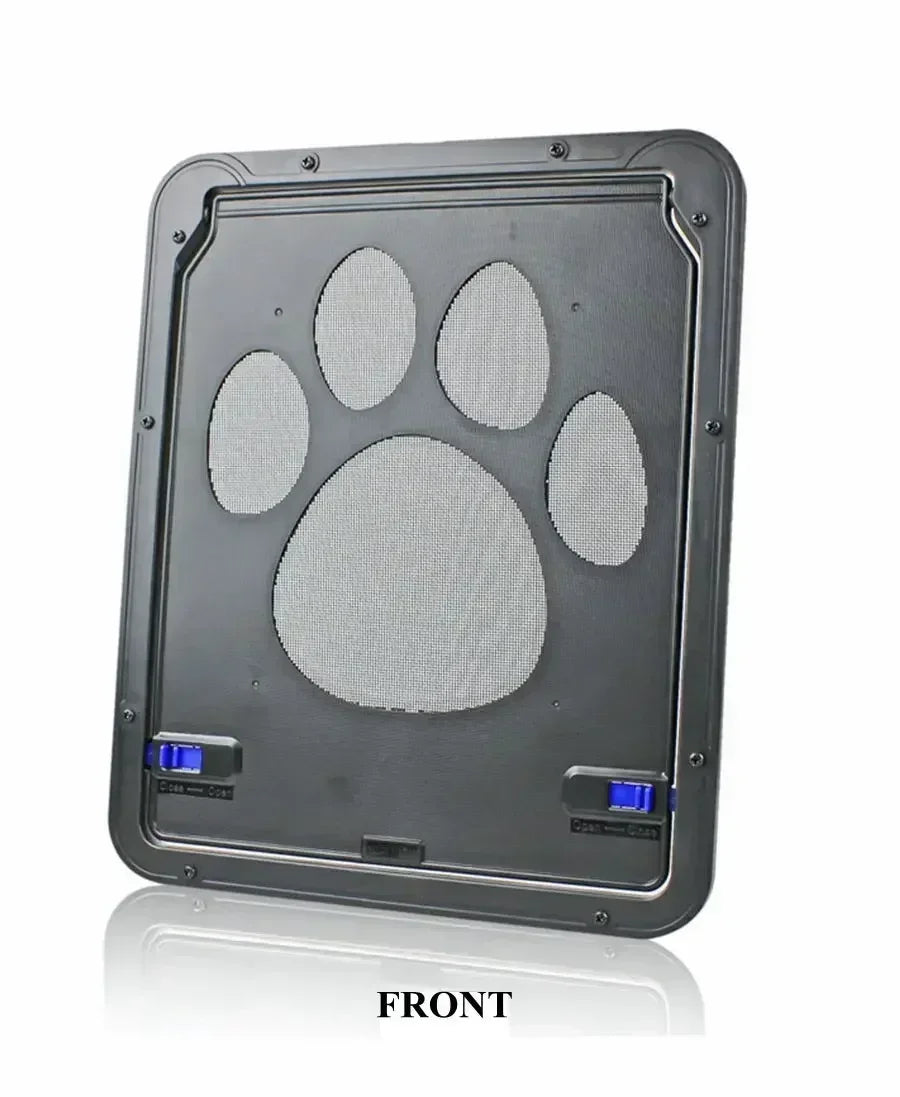 Aviour lockable pet door for windows with paw-shaped mesh design and secure locking mechanism