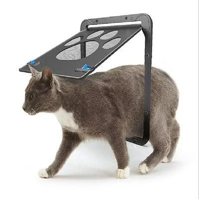 Aviour lockable pet door for windows with paw-shaped flap and gray cat walking through