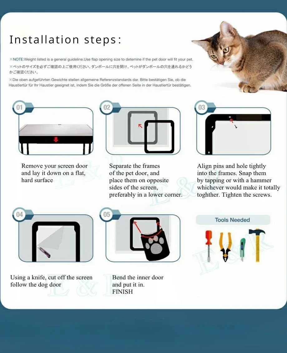 Step-by-step installation guide for lockable pet door for windows with tools needed and cat image