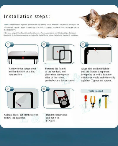 Step-by-step installation guide for lockable pet door for windows with tools needed and cat image