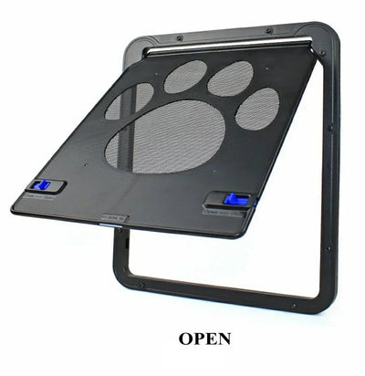 Aviour lockable pet door for windows with mesh flap and paw print design in open position
