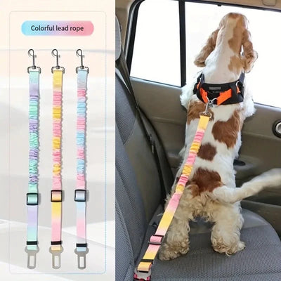 Aviour pet seat belt with lead rope in colorful designs securing a dog in a car seat
