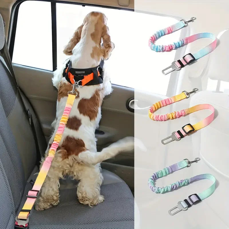 Aviour colorful pet seat belt with lead rope securing a dog in a car seat for safety and comfort